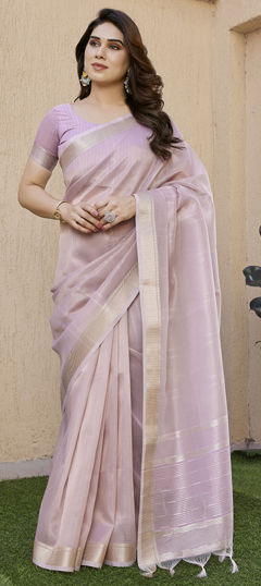 Pink and Majenta color Saree in Linen fabric with Weaving work
