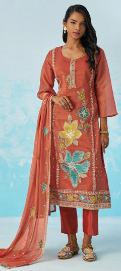 Red and Maroon color Salwar Kameez in Organza Silk fabric with Embroidered, Gota Patti, Thread work