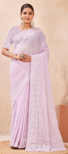 Purple and Violet color Saree in Georgette fabric with Embroidered, Resham, Sequence work