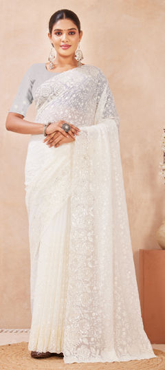 White and Off White color Saree in Georgette fabric with Embroidered, Resham, Sequence work