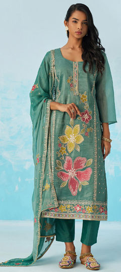Blue color Salwar Kameez in Organza Silk fabric with Embroidered, Gota Patti work