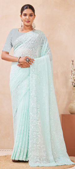 Blue color Saree in Georgette fabric with Embroidered, Resham, Sequence work