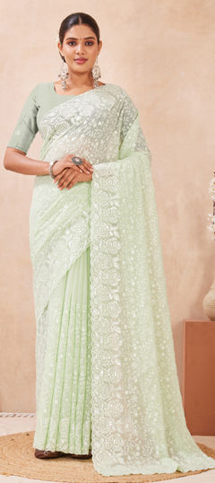 Green color Saree in Georgette fabric with Embroidered, Resham, Sequence work
