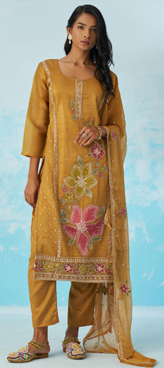 Yellow color Salwar Kameez in Organza Silk fabric with Embroidered, Gota Patti, Thread work