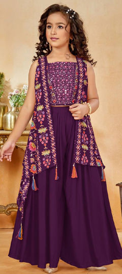 Purple and Violet color Kids Salwar in Crepe Silk, Georgette fabric with Embroidered, Floral, Printed, Sequence, Thread work