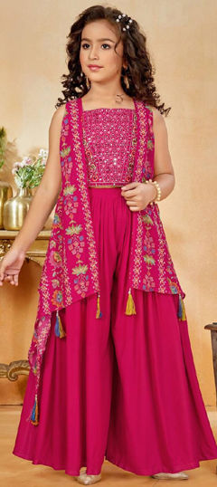 Pink and Majenta color Kids Salwar in Crepe Silk, Georgette fabric with Embroidered, Floral, Printed, Sequence, Thread work