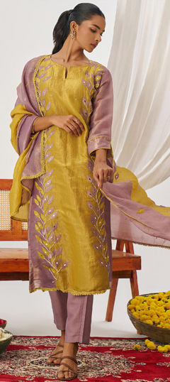 Yellow color Salwar Kameez in Organza Silk fabric with Embroidered, Gota Patti, Thread work