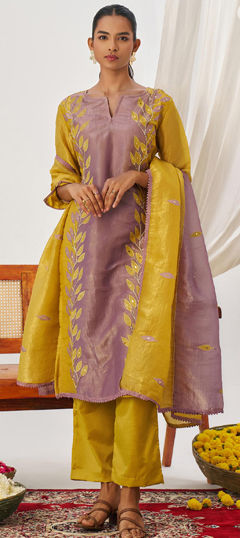 Yellow color Salwar Kameez in Organza Silk fabric with Embroidered, Gota Patti, Thread work