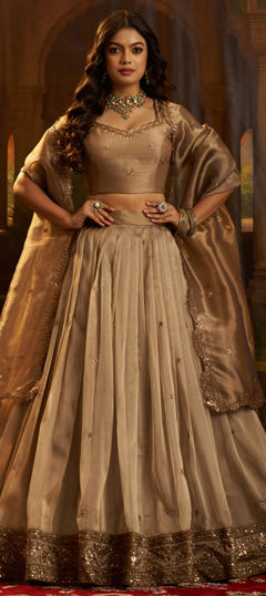Beige and Brown color Lehenga in Organza Silk fabric with Sequence, Zari work