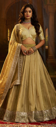 Yellow color Lehenga in Crepe Silk fabric with Sequence, Zari work