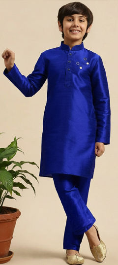 Blue color Boys Kurta Pyjama in Dupion Silk fabric with Embroidered work