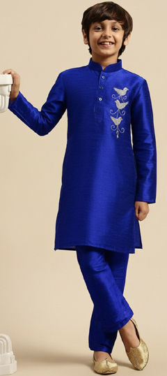 Blue color Boys Kurta Pyjama in Dupion Silk fabric with Embroidered work