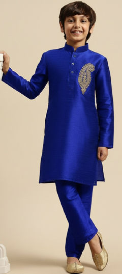 Blue color Boys Kurta Pyjama in Dupion Silk fabric with Embroidered work