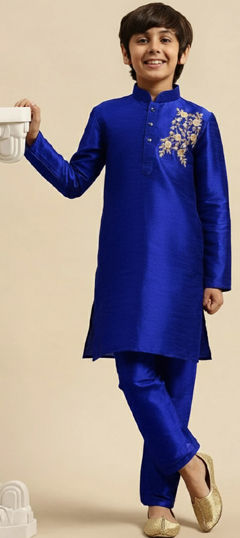 Blue color Boys Kurta Pyjama in Dupion Silk fabric with Embroidered work
