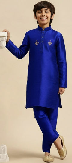 Blue color Boys Kurta Pyjama in Dupion Silk fabric with Embroidered work