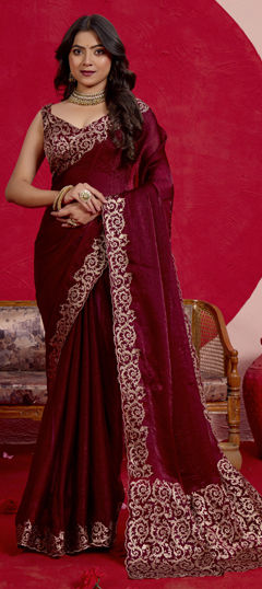 Red and Maroon color Saree in Chiffon fabric with Thread, Zari work