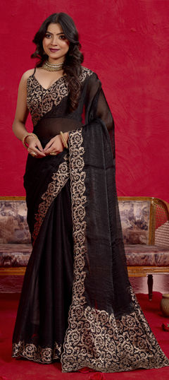 Black and Grey color Saree in Chiffon fabric with Thread, Zari work