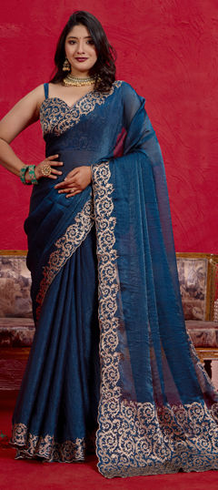 Blue color Saree in Chiffon fabric with Thread, Zari work
