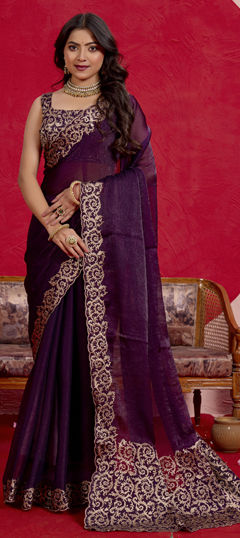 Purple and Violet color Saree in Chiffon fabric with Thread, Zari work