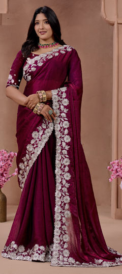 Red and Maroon color Saree in Chiffon fabric with Embroidered, Stone, Thread work
