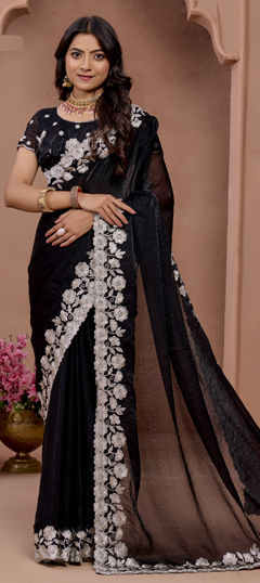 Black and Grey color Saree in Chiffon fabric with Embroidered, Stone, Thread work