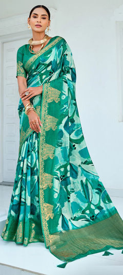 Green color Saree in Silk fabric with Printed, Weaving work