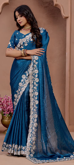 Blue color Saree in Chiffon fabric with Embroidered, Stone, Thread work