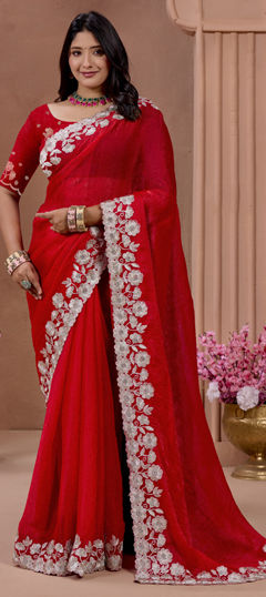 Red and Maroon color Saree in Chiffon fabric with Embroidered, Stone, Thread work