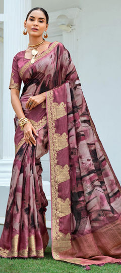Pink and Majenta color Saree in Silk fabric with Printed, Weaving work