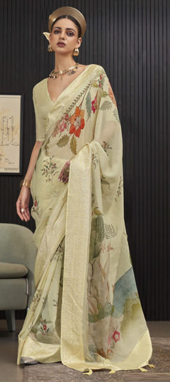 White and Off White color Saree in Chiffon fabric with Floral, Weaving work