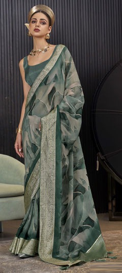 Green color Saree in Chiffon fabric with Printed, Weaving work