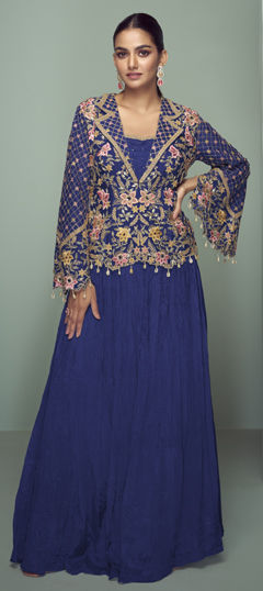 Blue color Long Lehenga Choli in Chinon Silk fabric with Embroidered, Thread work