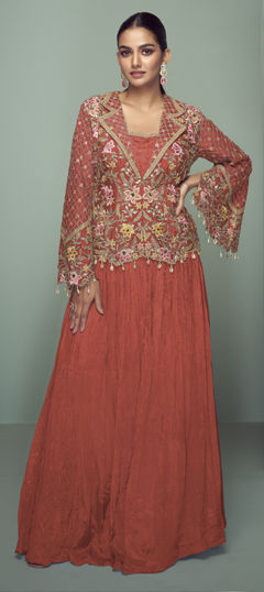 Beige and Brown color Long Lehenga Choli in Chinon Silk fabric with Embroidered, Thread work