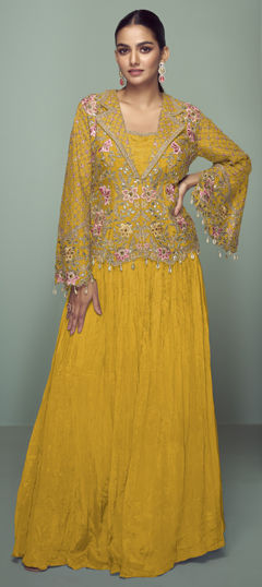 Yellow color Long Lehenga Choli in Chinon Silk fabric with Embroidered, Thread work
