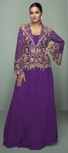 Purple and Violet color Long Lehenga Choli in Chinon Silk fabric with Embroidered, Thread work