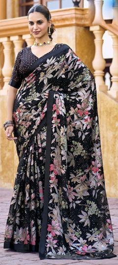 Black and Grey color Saree in Georgette fabric with Floral, Weaving work