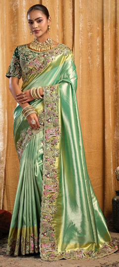 Green color Saree in Kanjeevaram Silk fabric with Embroidered, Moti, Sequence, Stone, Zari work