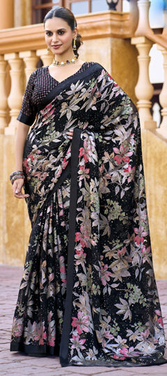 Black and Grey color Saree in Georgette fabric with Printed, Weaving work