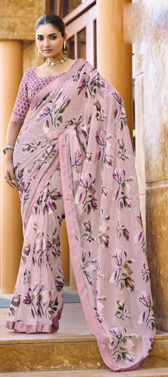 Pink and Majenta color Saree in Georgette fabric with Floral, Weaving work