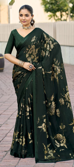 Green color Saree in Georgette fabric with Printed, Weaving work