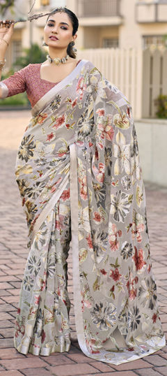 Black and Grey color Saree in Georgette fabric with Floral, Printed, Weaving work