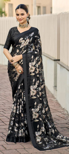 Black and Grey color Saree in Georgette fabric with Floral, Printed, Weaving work