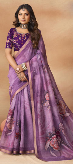 Purple and Violet color Saree in Silk fabric with Floral, Printed work