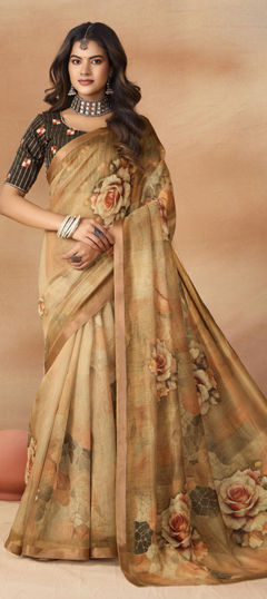 Beige and Brown color Saree in Silk fabric with Floral, Printed work