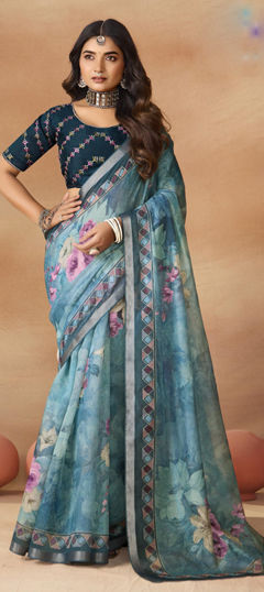 Blue color Saree in Silk fabric with Floral, Printed work