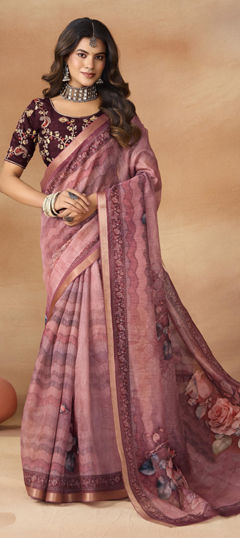 Pink and Majenta color Saree in Silk fabric with Floral, Printed work
