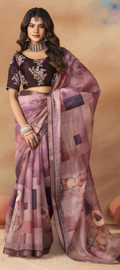 Pink and Majenta color Saree in Silk fabric with Floral, Printed work