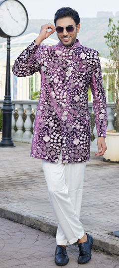 Pink and Majenta color IndoWestern Dress in Velvet fabric with Embroidered work