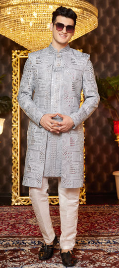 Black and Grey color IndoWestern Dress in Art Silk fabric with Embroidered work