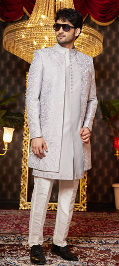 Black and Grey color IndoWestern Dress in Art Silk fabric with Embroidered work